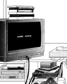 a black and white drawing of a tv with game over on it