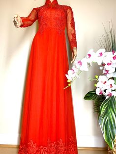 Brand New High Quality Vietnamese Wedding Ao Dai with Matching Red Pants Without Headband. Fast/Free Priority shipping (1-3 days delivery) via USPS. Size Bust/ChestWaist S 32in/81cm27in/69cm M 34in/86cm28in/71cm L 35in/89cm30in/76cm XL 36in/91cm32in/81cm 2XL 37in/94cm34in/86cm 3XL 38in/97cm35in/89cm 4XL 39in/99cm36in/91cm 5XL 40in/102cm37in/94cm 6XL 41in/104cm38in/97cm 7XL 42in/107cm39in/99cm Ao Dai Length is 59in Please provide Bust, Waist, and Hip measurements when placing your order so we can Vietnamese Wedding Ao Dai, Wedding Dress Embroidery, Wedding Ao Dai, Traditional Wedding Dress, Vietnamese Wedding, Dress Embroidery, Traditional Wedding Dresses, Red Pants, Embroidery Dress