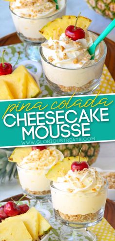 pineapple cheesecake mousse in small glass bowls with cherries on top