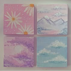 four paintings are shown with different colors and designs on the canvases, one is pink, one is blue