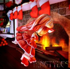 a woman dressed in red and white dancing by a fire place with stockings hanging from the ceiling