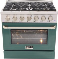 a green oven with four burners on the front and one in the back, is shown