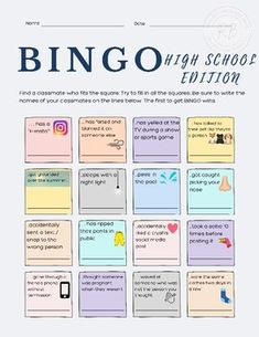 a poster with the words bingo high school edition written in blue and white on it