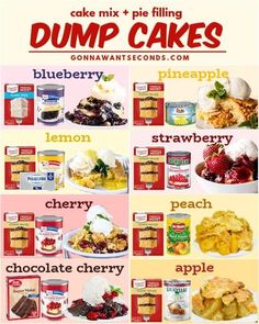 an advertisement for cake mix and pie fillings with pictures of different types of cakes