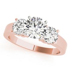 three stone diamond ring setting in rose gold with diamonds on the sides and four prongs