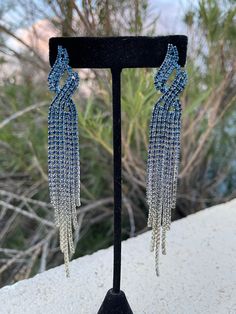 Blue fringe earrings Blue Fringe Dangle Chandelier Earrings, Blue Long Drop Tassel Jewelry, Blue Dangle Tassel Earrings With Fringe, Elegant Blue Fringe Jewelry, Blue Tassel Drop Earrings, Blue Fringe Drop Earrings, Blue Dangle Crystal Earrings For Evening, Blue Fringe Tassel Earrings For Party, Blue Fringe Tassel Drop Earrings