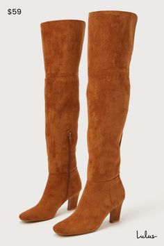 The Lulus Lilo Henna Brown Suede Square-Toe Over-the-Knee Boots are a statement that is waiting to be made! Soft faux suede shapes these iconic boots that feature a squared-toe upper, a seamed vamp, and a flexible, 21.5"" over-the-knee shaft with 15.25"" circumference and a notched detail at the collar. A 9.5"" zipper at the instep allows for easy on-and-off for simple everyday styling! 2. 75" tapered heel. Lightly cushioned insole. Felted rubber sole has nonskid markings. All Man Made Materials High Heel Boots Knee, Lulu Fashion, Heel Boots, Tall Boots, High Heel Boots, Brown Suede, Over The Knee Boots, Over The Knee, Faux Suede