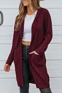 Wine Red Hooded Pockets Open Front Knitted Cardigan Red Season, Womens Jackets Casual, Hooded Cardigan, Green And Khaki, Knitted Cardigan, Open Front Cardigan, Jackets Online, Winter Sweaters, Casual Jacket