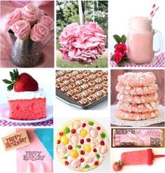 a collage of different cakes and desserts with pink frosting on them, including strawberries