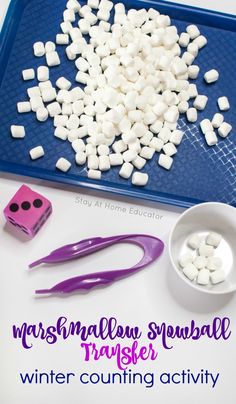 marshmallow snowball tray transferer for winter counting activity with scissors and dices