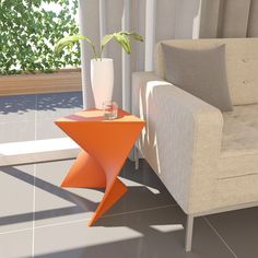 an orange table sitting on top of a white floor next to a couch and window