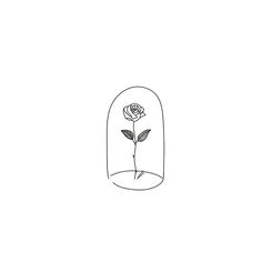 a drawing of a rose in a glass dome with leaves on the outside and inside