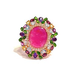 Cluster Multi Color Fancy Gems from Sri Lanka Ruby - 12 Carat Amethyst - 3 Carat Peridot - 2 Carat Blue Topaz - 2 Carat Citrine 3 Carat White Topaz - 1 Carat Garnet - 2 Carat  This Ring is from the "Orient" traveling collection are the epitome of elegance and versatility. It offers a perfect blend of day to night and swimwear to evening wear, allowing you to effortlessly transition between different occasions and outfits. Wearing these spectacular oriental-style ring will undoubtedly make you the center of attention. It addw a touch of glamour and sophistication to your favorite caftans, swimwear, or evening attire, enhancing your overall look. The "Orient" collection, from which this ring originates, showcases exceptional craftsmanship and incorporates natural gemstones. The ring is set i Green Cocktail, Jewelry Design Drawing, Silver Cocktail, Topaz Color, Gold Cocktail Ring, Bangles Jewelry Designs, Gold Cocktail, Colored Gems, Size 10 Rings