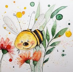 a drawing of a bee sitting on top of flowers