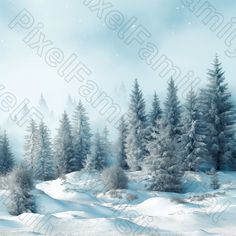 a snowy landscape with trees and snow flakes