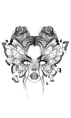 a drawing of a woman's face with flowers on her head and wings over her eyes