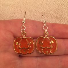 Silver plated dangle/ drop earrings with orange pumpkin charms 925 stamped sterling silver earring hooks also available Dangle Halloween Earrings, Dangle Earrings For Halloween Gift, Dangle Earrings As Halloween Gift, Halloween Gift Drop Earrings Jewelry, Halloween Sterling Silver Dangle Earrings, Handmade Gold Halloween Earrings, Gold Dangle Halloween Jewelry, Halloween Gift Drop Earrings, Halloween Gold Dangle Jewelry