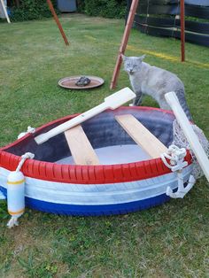 a gray cat standing on top of a red, white and blue boat in the grass