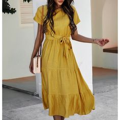 Women's Summer Long Bohemian Dress - fittedfortheoccasion Non-stretch Knee-length Beach Sundress, Yellow Solid Color A-line Midi Dress, Yellow A-line Midi Dress Solid Color, Non-stretch Solid Color Summer Maxi Dress, Solid Non-stretch Maxi Dress For Vacation, Non-stretch Short Sleeve Midi Dress For Summer, Non-stretch Maxi Dress For Vacation, Non-stretch Midi Sundress For Summer, A-line Beach Mini Dress