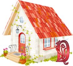 a small house with a red roof and two plants on the front porch, next to it is a potted plant