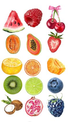 a bunch of fruit that are on top of a white surface with watermelon, raspberry, oranges and kiwi