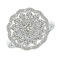 An absolute head-turner, this platinum cocktail ring is all about elegance and endless sparkle. The composite diamond is surrounded by halo diamonds, together framed within a scalloped outer halo. Expensive Diamond Ring, Cluster Diamond Ring, Diamond Ring For Women, Flower Cluster, Diamond Heart Ring, Diamond Fashion Rings, Gold Gemstone Ring, Gold Cocktail Ring, Right Hand Rings