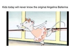 a mouse in a pink dress is dancing on a ballet floor with her arms stretched out to the side