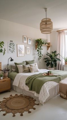 a bed room with a neatly made bed and lots of plants