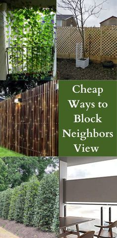 four different pictures with the words cheap ways to block neighbors view