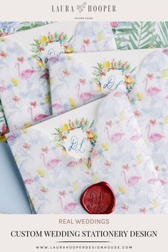 four wedding stationery designs with flamingos on them