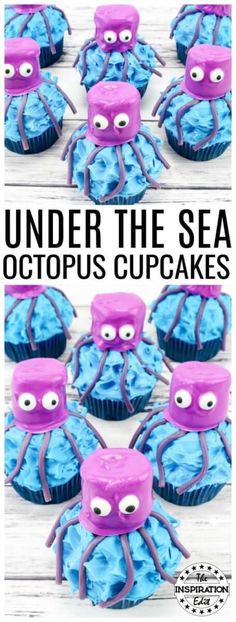 octopus cupcakes with blue frosting and purple icing