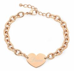 Personalized High Quality Stainless Steel Rose Gold Color Heart Charm Bracelet Rose gold is a very feminine color that gives this charm bracelet a dainty look that's fitting for a sweet lady. This adorable bracelet in rose gold features a chain link bracelet with a heart charm as a center plate. It is finished in high polish to give it a smooth, shiny texture. Make a lady in your life happy by gifting her with this classy bracelet.FREE ENGRAVING 3 Lines up to 10 characters per line on one side.F Engraved Promise Rings, Braided Rope Bracelet, Forever Gifts, Bracelet Rose Gold, Color Heart, Engraved Gifts, Rose Gold Bracelet, Cute Bracelets, Cross Charms