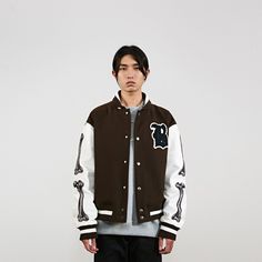 BONELESS Bone Embroidery Varsity Jacket - PROJECTISR US Bone Embroidery, Chill Style, White Sleeves, Modern Streetwear, Classic Preppy, Tax Free, Fashion App, Embroidered Jacket, Black Khakis