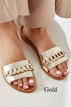 Find the most stylish slides & slingback sandals of our collection below: https://www.etsy.com/shop/GreekChicHandmades?ref=seller-platform-mcnav&section_id=26050675 Handmade of fine quality calf leather, Ekavi slides come in gold, silver with gold details, black, camel (waxed nubuck), blue (nubuck) with gold, and white with silver details. They feature a supportive thick toe strap that is decorated with our signature hand-woven chain. Wear this minimalist yet unique pair of slides with e Luxury Gold Sandals For Summer, Luxury Gold Sandals With Round Toe, Elegant Gold Leather Sandals, Luxury Gold Leather Sandals, Elegant Gold Slide Sandals, Chic Gold Leather Sandals, Luxury Gold Closed Toe Sandals, Gold Leather Flip Flops For Summer, Gold Toe Post Sandals For Spring