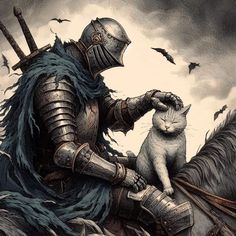 a cat sitting on top of a horse next to a knight