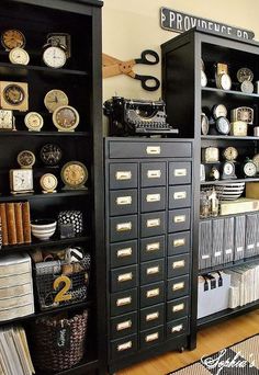 there are many different types of clocks on the shelves next to each other in this room