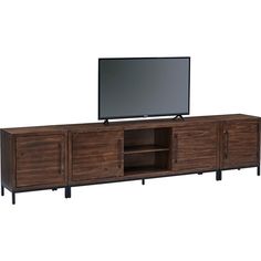 an entertainment center with a flat screen tv mounted on it's side and two metal legs