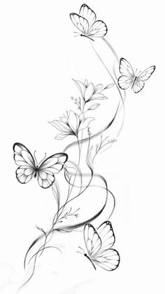 some butterflies flying around in the air with black and white lines on it's side