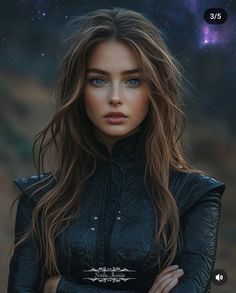 a woman with long hair and blue eyes is standing in front of the stars, looking at the camera