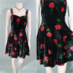 Vintage 90s black crushed velvet mini dress. Strappy dress, fitted waist, full skirt. Fitted in the bodice with full skater style skirt below. Zipper up the back. Black velvet with red roses, secondary black pressed flower print. Unlined. LABEL: Judy's CONDITION: Very good pre-owned vintage.  SIZE:  Refer to measurements for an accurate fit. All sizes are approximate. Shoulder: N/A Underarm: 30" a little bit more room in the bust curve Waist: 27" Hip: free Length: 36" Mannequin measurements:   S Fitted Black Velvet A-line Dress, Fitted Velvet A-line Dress, Fitted A-line Velvet Dress, Fitted A-line Velvet Party Dress, Fitted A-line Velvet Dress For Party, Vintage Velvet Dress For Night Out, Fitted Velvet Summer Dress, Fitted Velvet Vintage Dress, Grunge Party Dress