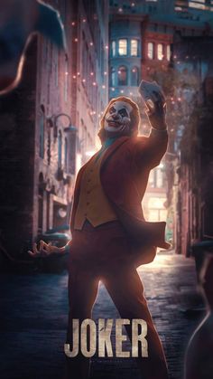 a movie poster for the film joker starring as an evil clown in a city street