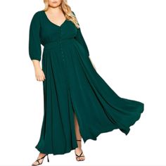 City Chic Sea Hunter Green Maxi Desire Flattering V Neck Dress Plus Size 22 3x Brand New With Tags Attached Please See Pictures For Details This Flowing Maxi Dress Has Us Feeling Mermaid Vibes In A Breezy Lightweight Fabric And Rich Sea Green Hue. A Curve-Enhancing Elasticated Waist Also Flatters The Figure In All The Best Ways! Key Features Include: - V-Neckline - Elasticated Long Sleeves - Button Up Front - Elasticated Waist - Pullover Style - Relaxed Fit - Unlined - Maxi Length Hem With Front Green Dress For Wedding Guest, Green Dress For Wedding, Wedding Guest Plus Size, Dress For Wedding Guest, Hunter Green Dresses, Green Wedding Dresses, City Chic Dresses, Dress For Wedding, Plus Size Formal Dresses