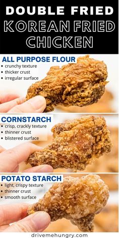 three different types of fried chicken are shown in this graphic above the instructions for how to cook