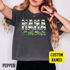 This Customizable Comfort Colors® Crop Top Boy Mama Construction Shirt, Boy Mama Tractor Shirt is Adorable and a perfect gift for a Christmas and Birthday present, Every Boy would be proud to have his mommy wear! A Perfect gift for new moms, pregnancy announce, mom birthday or any mom gift. FOR MATCHING UNISEX COMFORT COLORS SHORT AND LONG SLEEVE TEES: https://www.etsy.com/listing/1639404932 FOR MATCHING FAMILY SIZES SWEATSHIRTS: https://www.etsy.com/listing/1649415672 FOR MATCHING FAMILY SIZES Construction Shirt, Top Boy, Mom Of Boys, Boy Mama, Green Tractors, Colorful Crop Tops, Mother Birthday, Mama Shirts, Laid Back Style