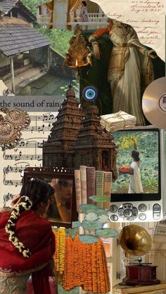 a collage of various images including a woman and an old fashioned clock with music notes on it