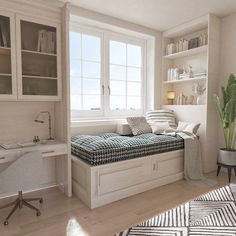 a bedroom with a bed, desk and bookshelf next to a large window