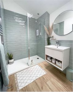 a bathroom with a shower, mirror and rug on the wood floored flooring