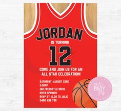 a basketball jersey birthday party card with the number 12 on it and an image of a basketball