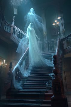 the ghost is walking down the stairs in this animated scene, which appears to be very creepy