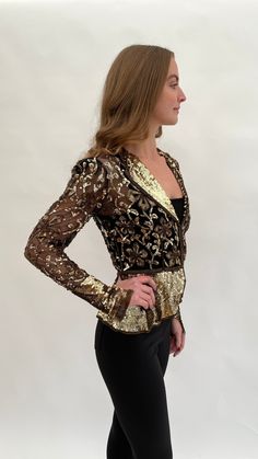 "Here is the ultimate 1930s beaded and sequinned evening jacket! This magnificent garment has a very rare cut and design, it is one that I have never seen before. The base fabric is black net and it is covered with gold coloured hand sewn sequins and gold beads in a stylised floral design, with a fully gold sequinned peplum and collar and gold sequins to the deep wrist bands on the long sleeves. The shoulders are lightly padded to give a lovely silhouette when worn. It is labelled Made in France to the inside neck. The jacket can be fastened with hook and eye fasteners at the front and the wrist openings have press stud fasteners.  When laid flat and fastened it measures 23.5\" inches long, 14\" inches across at the waist, up to 18\" inches across from underarm to underarm, 18\" inches acr Evening Jacket, Stunning Shoes, Leather Cuts, Evening Jackets, Silk Jacket, Velvet Jacket, Gold Sequins, Embroidered Jacket, Embroidered Silk